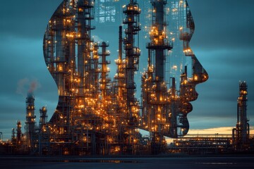 Poster - Nighttime industrial refinery illuminated by glowing lights resembling a human silhouette shape. Generative AI
