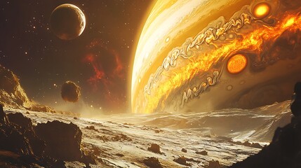 Wall Mural - Jupiter's Moons and Great Red Spot Viewed from a Barren Celestial Body