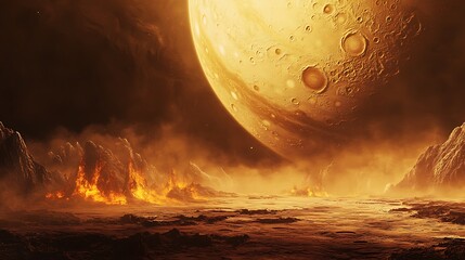 Wall Mural - A fiery landscape under a massive planet or moon with craters and a smoky atmosphere