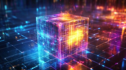 Glowing Cube Data Network, Cityscape Background