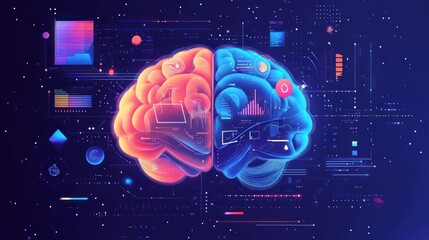 Digital Brain, Data Processing, AI, Network, Futuristic Background, Concept Art