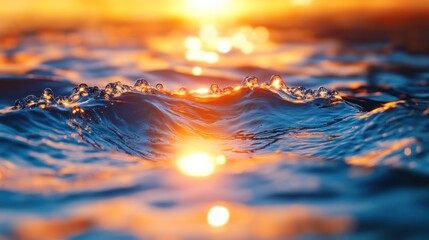 Wall Mural - A close-up of water waves reflecting sunlight during sunset.