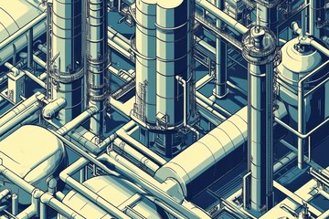 Poster - Geometric industrial design showcasing interconnected oil tanks and piping systems in a complex arrangement. Generative AI
