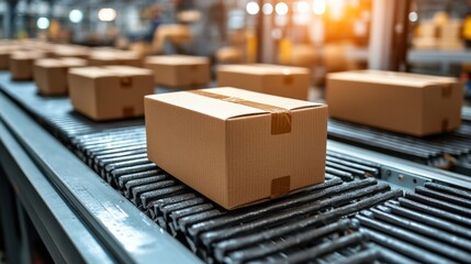 Wall Mural - Cardboard boxes on a conveyor belt in a modern warehouse, showcasing the efficient logistics and supply chain operations with sunlight illuminating the scene.