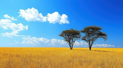 Wall Mural - Two trees in a golden field, bright blue sky.