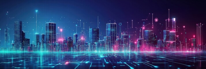 Fototapete - Vibrant cityscape at night featuring glowing skyscrapers and neon lights in a futuristic urban environment. Generative AI