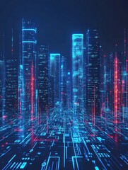 Leinwandbilder - Glowing skyscrapers illuminate the night cityscape with vibrant neon lights and digital elements for a futuristic atmosphere. Generative AI