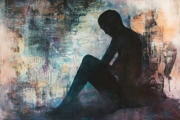 Aufkleber - Person seated in shadow amid abstract elements portraying mental turmoil in a contemplative moment. Generative AI