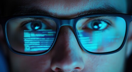 Focused Programmer with Glasses Viewing Digital Code Reflections