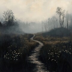 Canvas Print - Misty Path Through the Field: A Serene Landscape