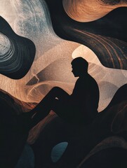 Aufkleber - Person seated in shadows surrounded by abstract forms reflecting inner mental struggle. Generative AI