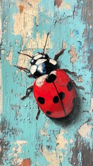 Wall Mural - Ladybug on Weathered Wood: A Close-Up Painting