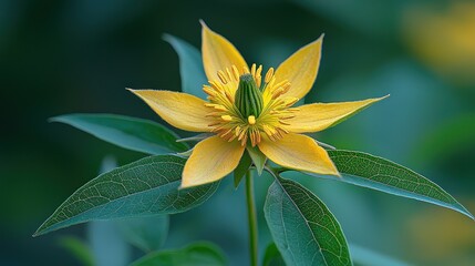 Wall Mural - Yellow flower with pointed petals and green leaves closeup.