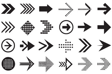 vector black arrow icons set, including geometric, dotted, and outlined styles for navigation, graph