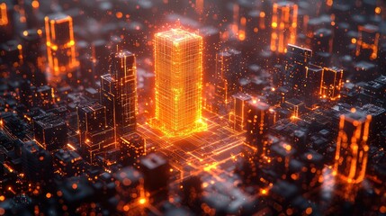 Wall Mural - futuristic cityscape with glowing skyscraper.