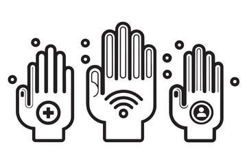 Wall Mural - Modern illustration of hands with symbols including heart, WiFi, and user icons, showcasing themes of digital communication and connection