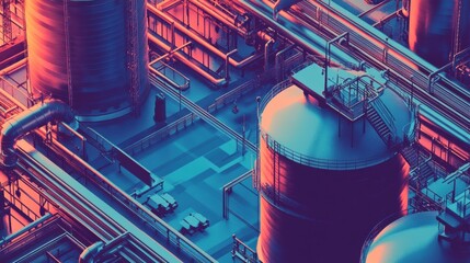 Poster - Geometric industrial pattern of oil tanks and pipes at a refinery during sunset. Generative AI