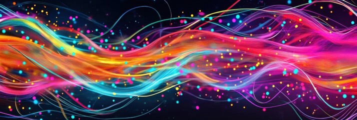 Fototapete - Vibrant energy lines and dots illustrating active communication and data exchange in colorful patterns. Generative AI