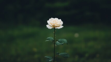 Sticker - Single white rose in bloom, standing tall against a blurred green background.