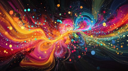 Fototapete - Vibrant energy lines and colorful dots creating dynamic flows of communication and data exchange. Generative AI