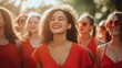 © manida - Group of women wearing red walking in solidarity, bright and uplifting , National Wear Red Day