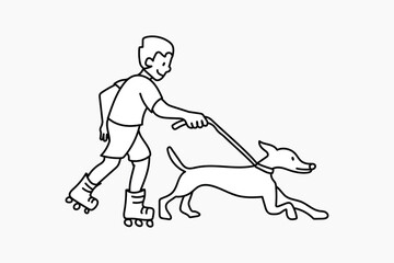 Poster - Boy walking dog in roller skates doodle collage element vector