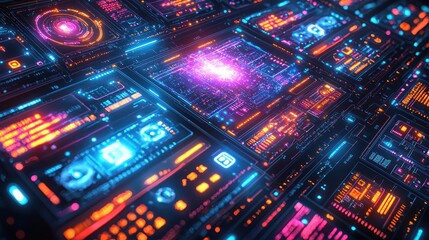 Wall Mural - futuristic digital interface with vibrant data displays.