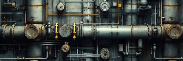 Poster - Geometric industrial pattern featuring oil tanks, pipes, and rigs in a complex arrangement. Generative AI
