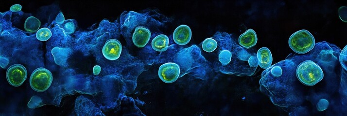 Aufkleber - Glowing bacteria illuminated under UV light in a dark environment showcasing vibrant colors and unique forms. Generative AI