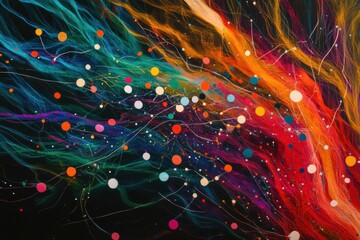 Leinwandbilder - Vibrant flows of energy lines and colorful dots symbolize dynamic communication and data transfer in a lively abstract composition. Generative AI