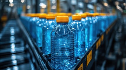 Wall Mural - Bottled Water Production Line in a Modern Factory with Clear Plastic Containers and Orange Caps, Showcasing Industrial Automation and Efficiency