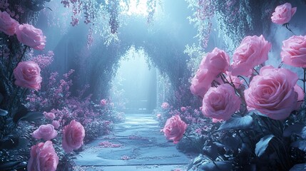 Poster - Enchanted Pink Rose Garden: A Dreamy Path