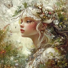 Poster - Enchanted Beauty: A Whimsical Floral Portrait