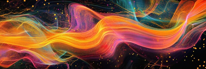 Fototapete - Vibrant energy lines and dots illustrate dynamic communication and data exchange in colorful waves. Generative AI