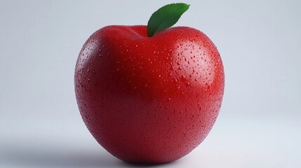 Wall Mural - Fresh Red Apple with Water Droplets on Surface and Green Leaf