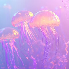 Wall Mural - Mesmerizing Jellyfish: Underwater Glow in Pink and Purple