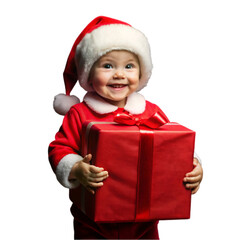 Wall Mural - cute little boy in senta's dress holding red gift box with cute smile on white  background