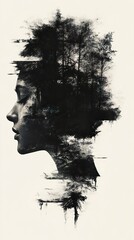 Wall Mural - Woman and Forest: A Monochrome Surreal Landscape