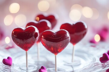 Sticker - Valentine's Day background with heart-shaped lollipops on sticks, creating an attractive and romantic backdrop for product display or special offer. 