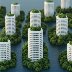 Wall Mural - A modern architectural representation of eco-friendly skyscrapers surrounded by greenery on water, showcasing sustainability and innovative design.