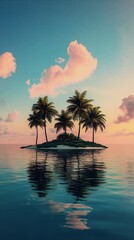 Wall Mural - Tranquil Island Sunset: Palm Trees Reflecting in Calm Ocean Waters