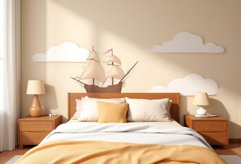 Wall Mural - Bedroom with ship mural and cloud decor