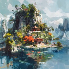 Wall Mural - Serene Mountain Lake Temple: A Peaceful Asian Landscape