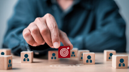 Wall Mural - leader and followers pointing. human icon for customer focus target group and customer relation mana