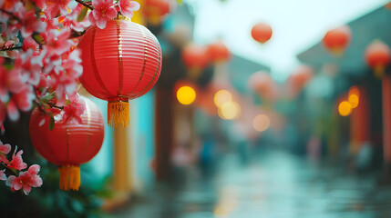 Vibrant lantern festival celebrates tradition in rainy chinese alley colorful photography of cultural significance