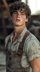 Poster - Portrait of a Freckled Young Man in Vintage Workwear