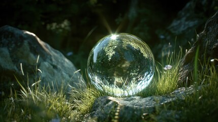 Wall Mural - earth day concept: glass globe in grass symbolizing environmental awareness and natural beauty