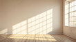 © mudasar - Sunlight streams through a large window into a minimalist room with beige walls and a wooden floor, casting geometric shadows.  Ideal for interior design, architecture, and minimalist aesthetics.