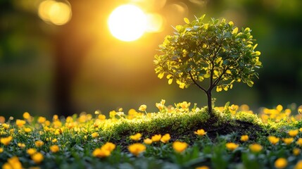 Vibrant Green Tree Surrounded by Bright Yellow Flowers Against a Soft Glowing Sunset in a Lush Meadow Landscape