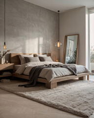 Scandinavian inspired bedroom featuring beige and wood tones minimalist bed chair and modern functional furniture Interior Design Inspiration